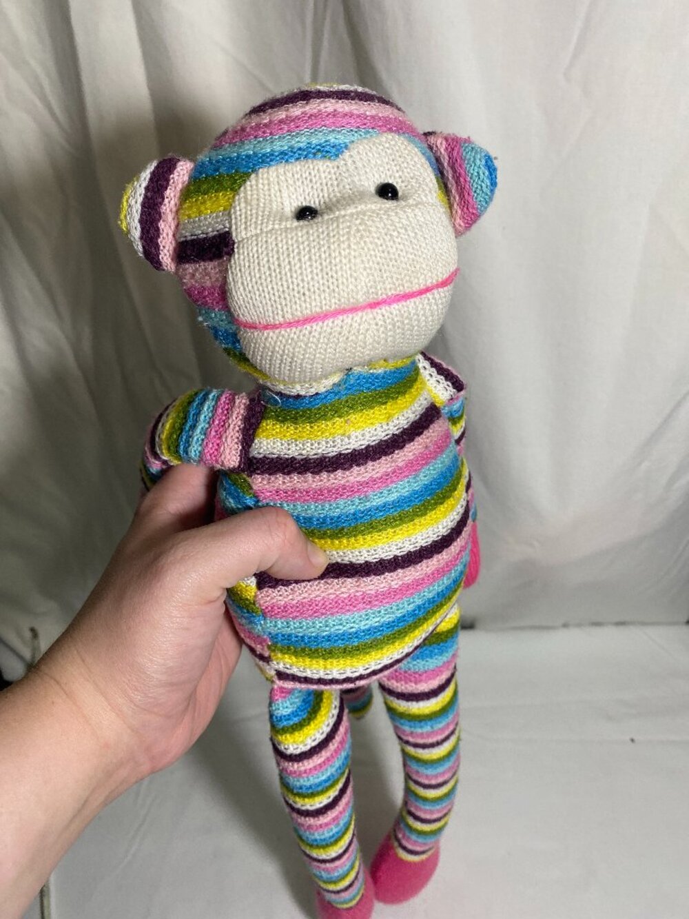 Hobby Lobby Striped Sock Monkey Plush Rainbow Knit Long Leg Stuffed Animal 21”